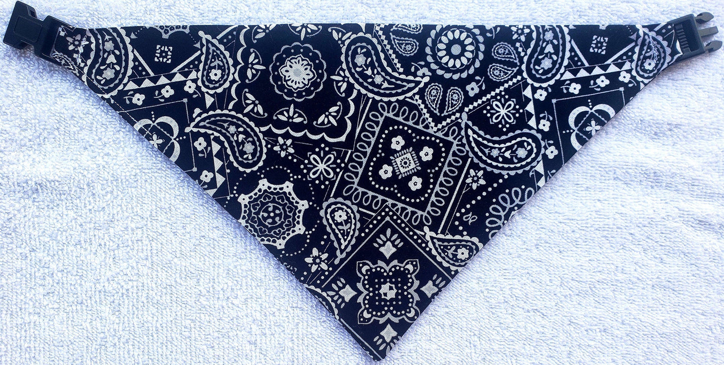 Clip on Dog Bandana With Buckle Pet Cat Bandanna Scarf Classic Black Western Cowboy Cowgirl Bandana Handmade to Order