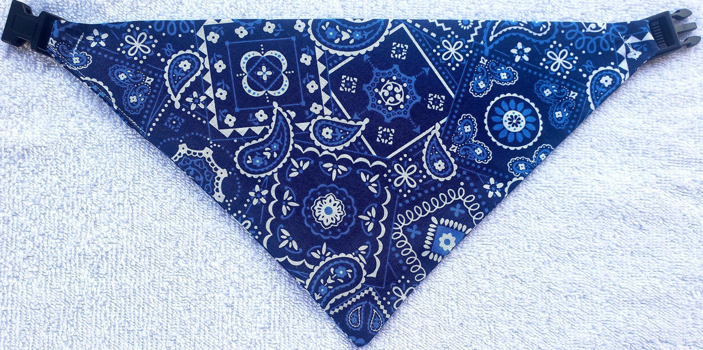 Clip on Dog Bandana With Buckle Pet Cat Bandanna Scarf Classic Blue Western Cowboy Cowgirl Bandana Handmade to Order