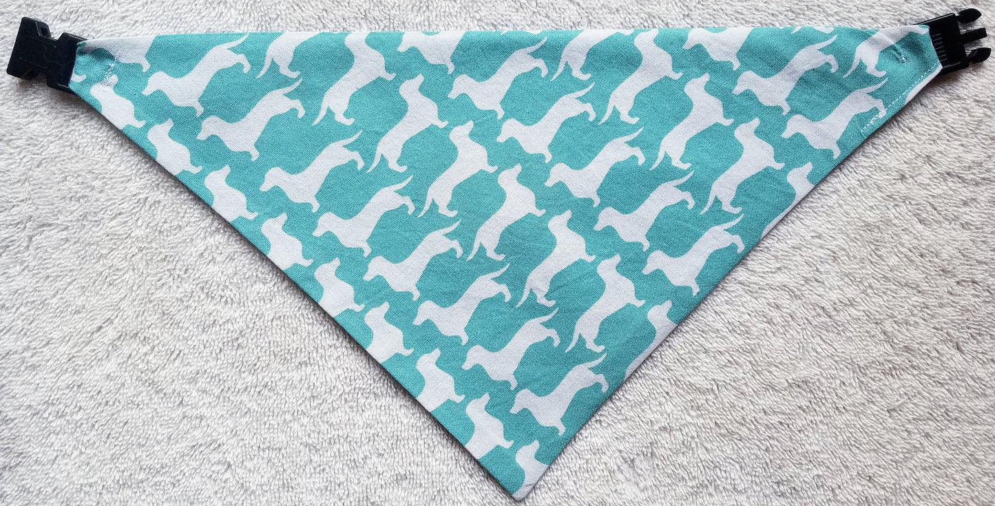 Clip on Dog Bandana With Buckle Pet Cat Bandanna Scarf Teal & White Dachshund Print Handmade to Order