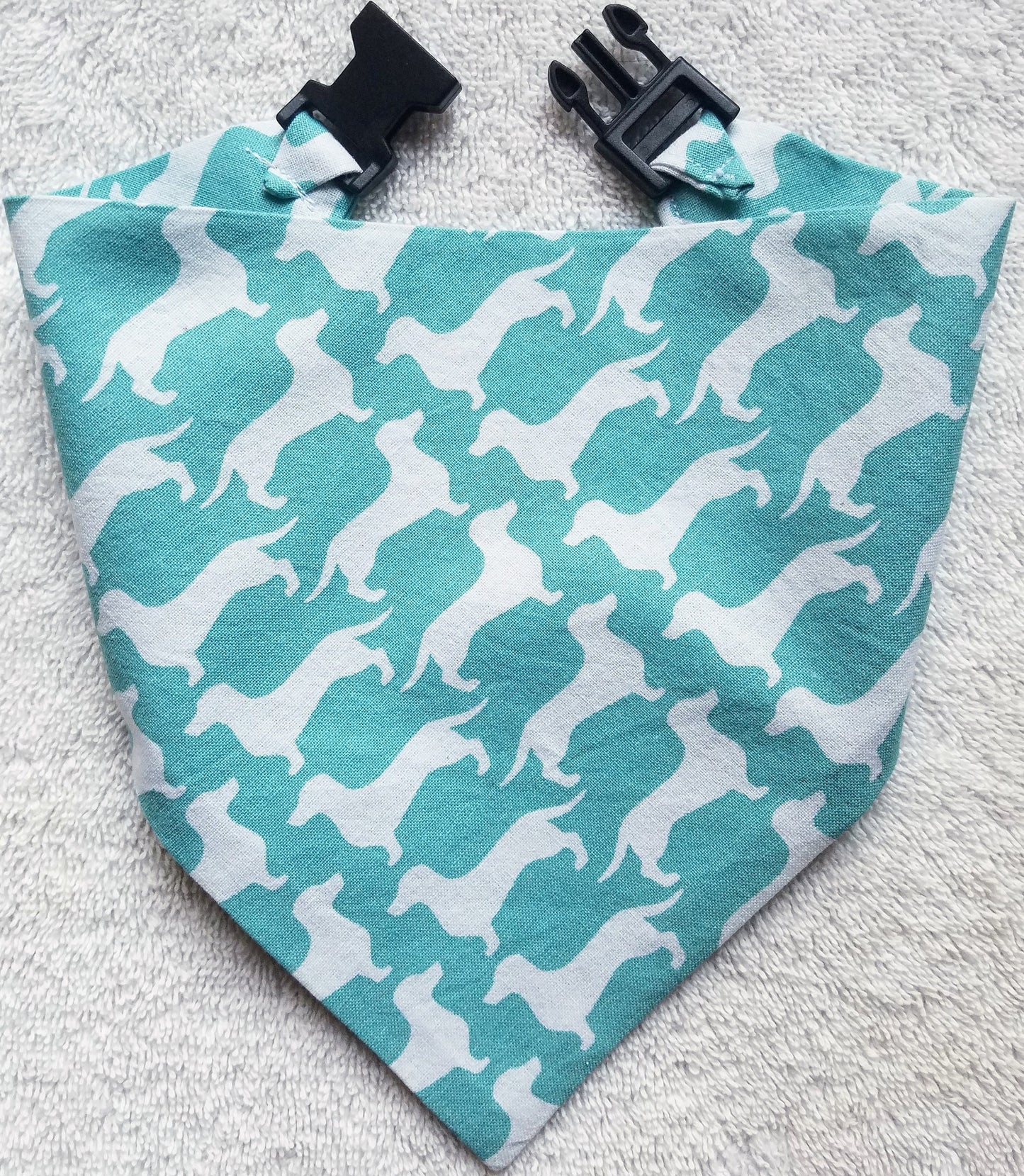 Clip on Dog Bandana With Buckle Pet Cat Bandanna Scarf Teal & White Dachshund Print Handmade to Order