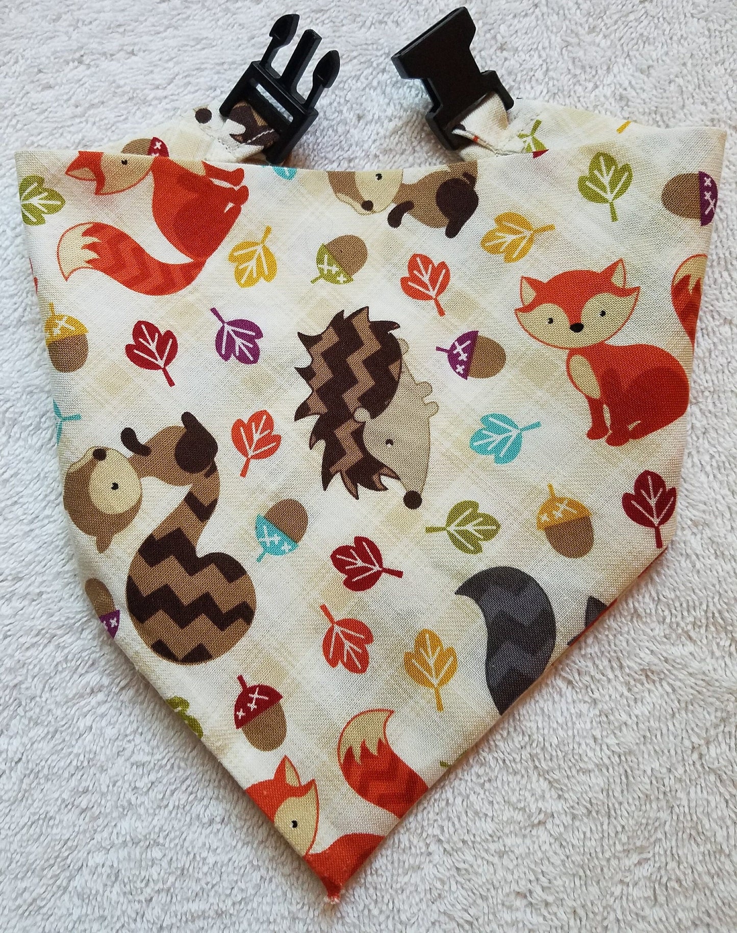 Forest Friends Woodland Creatures Fall Autumn Thanksgiving Harvest Clip on Dog Bandana With Buckle Pet Cat Bandanna Handmade to Order