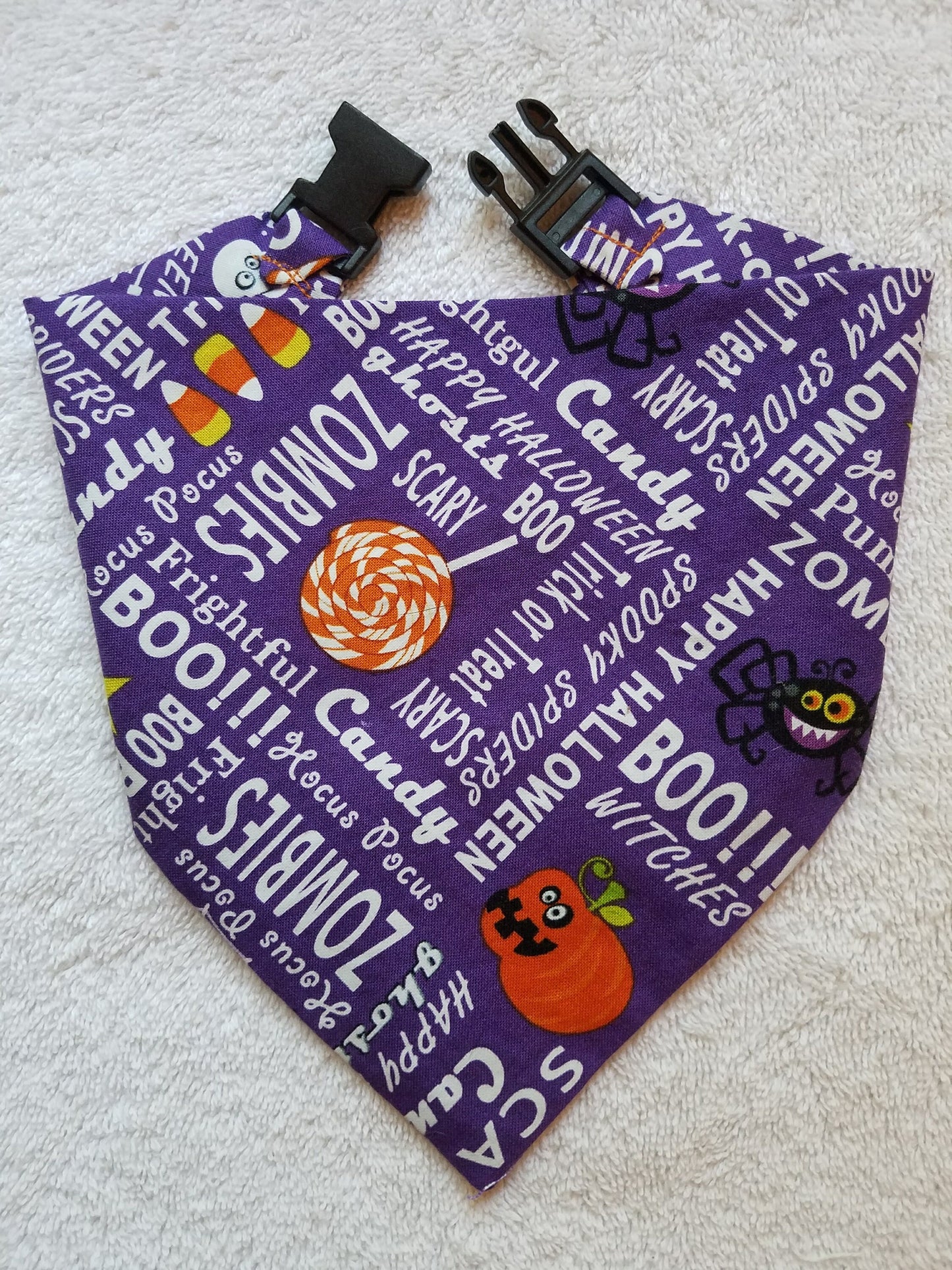 Clip on Dog Bandana With Buckle Pet Cat Bandanna Scarf Purple Orange Halloween Spooky Glow in the Dark Handmade to Order
