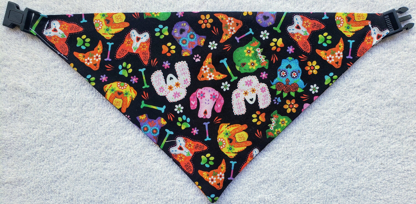 Sugar Skull Dogs Dia de los Muertos Fall Autumn Halloween Clip on Dog Bandana With Buckle Pet Cat Bandanna Handmade to Order