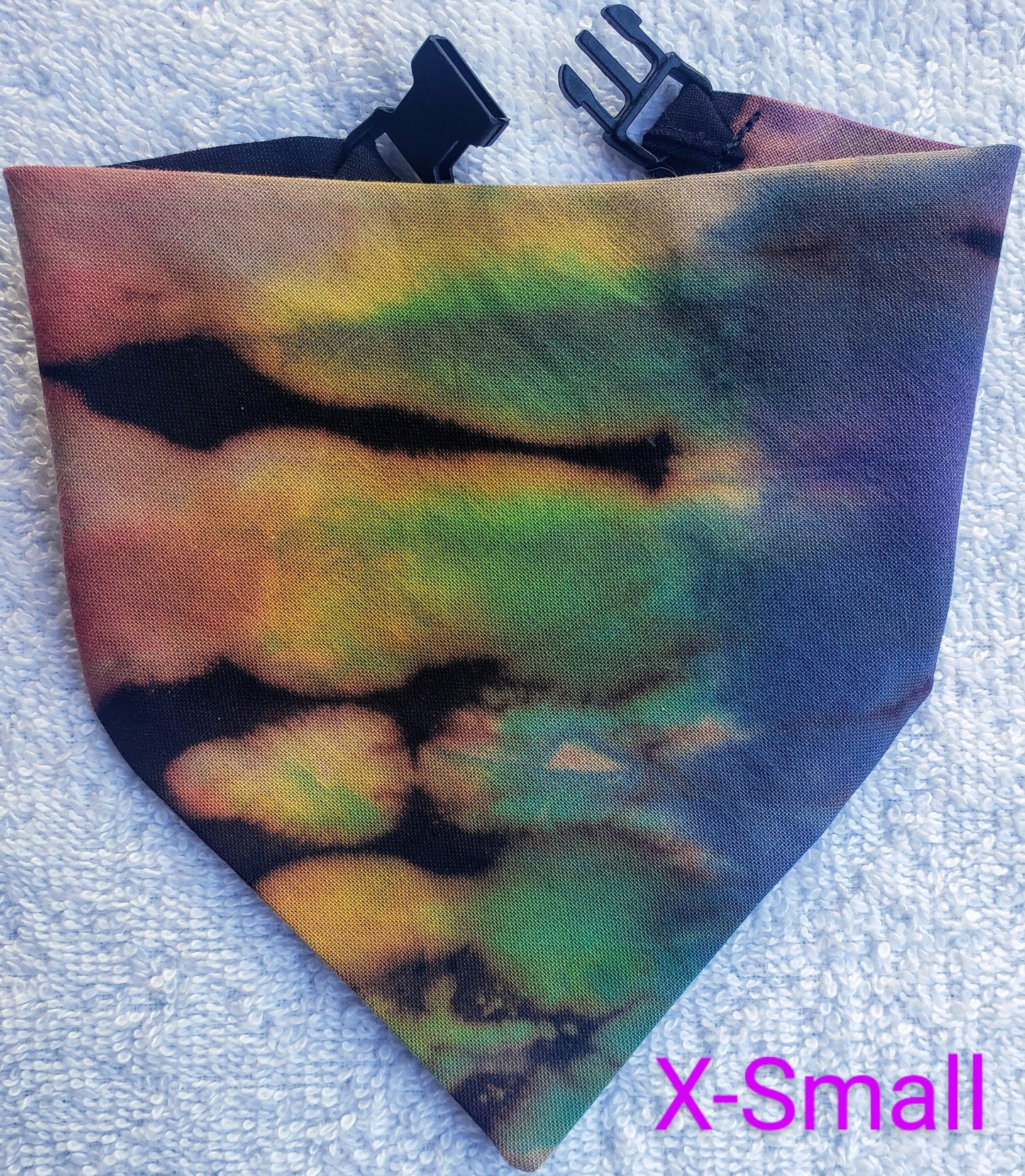 Clip on Dog Bandana With Buckle Pet Cat Bandanna Scarf Reverse Tie Dye Hand Dyed Rainbow Black Prism Colorful Summer Print Handmade READY TO SHIP