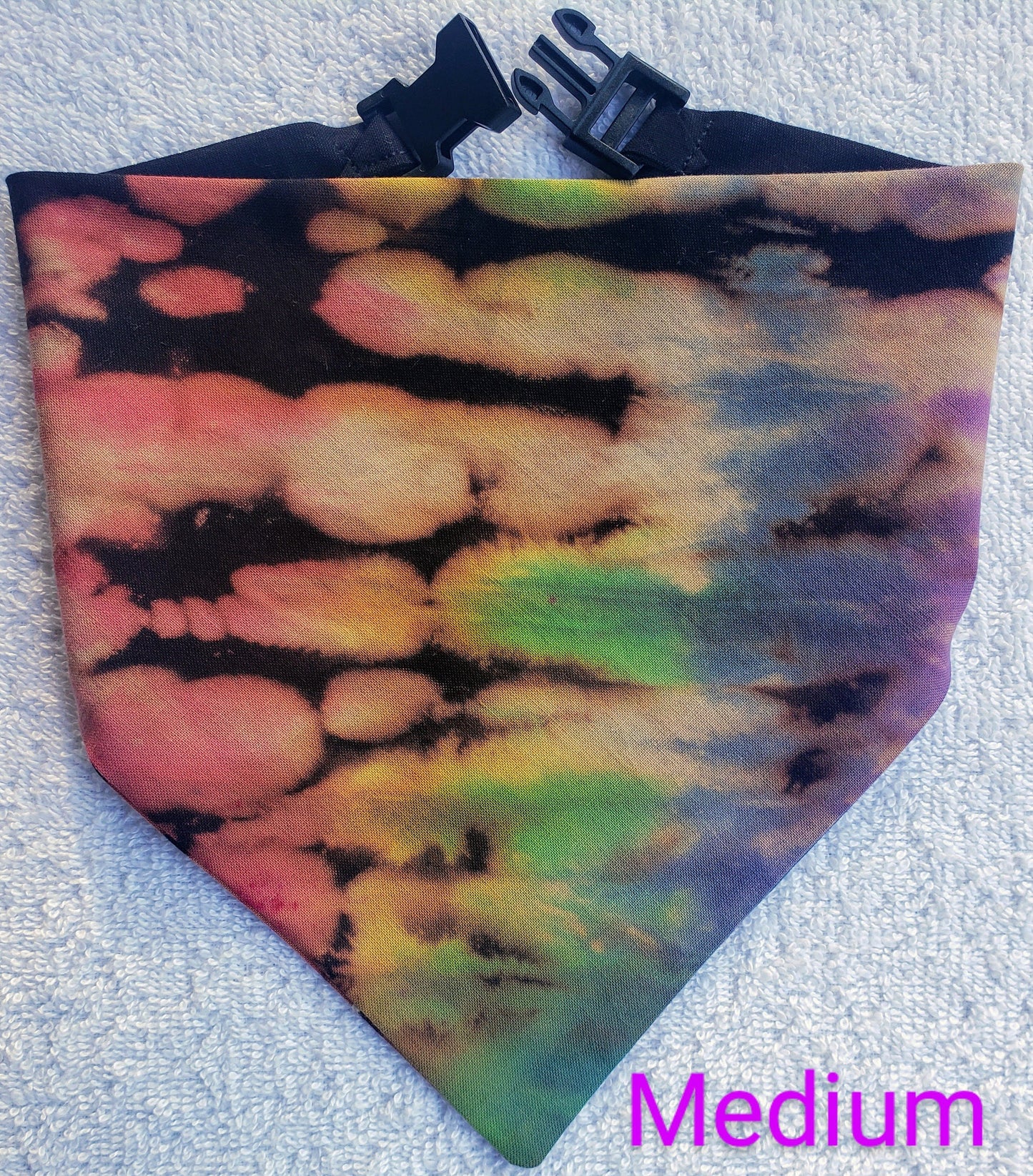 Clip on Dog Bandana With Buckle Pet Cat Bandanna Scarf Reverse Tie Dye Hand Dyed Rainbow Black Prism Colorful Summer Print Handmade READY TO SHIP