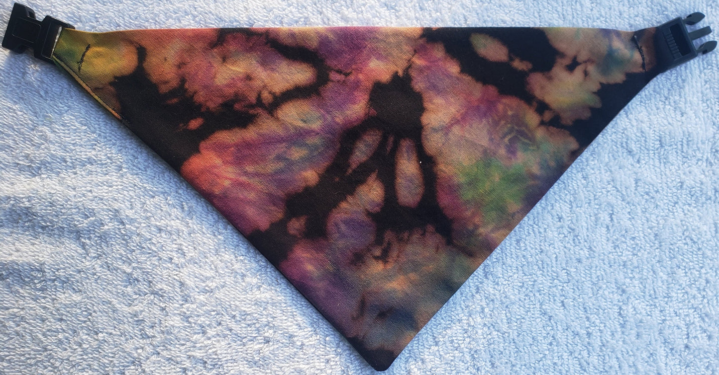Clip on Dog Bandana With Buckle Pet Cat Bandanna Scarf Reverse Tie Dye Hand Dyed Rainbow Black Spiral Colorful Summer Print Handmade READY TO SHIP