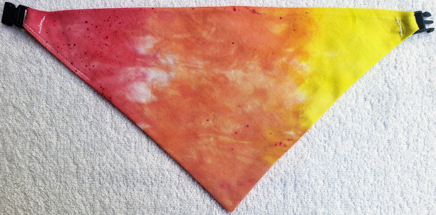 Clip on Dog Bandana With Buckle Pet Cat Bandanna Scarf Tie Dye Hand Dyed Red Orange Yellow Colorful Sunrise Print Handmade READY TO SHIP