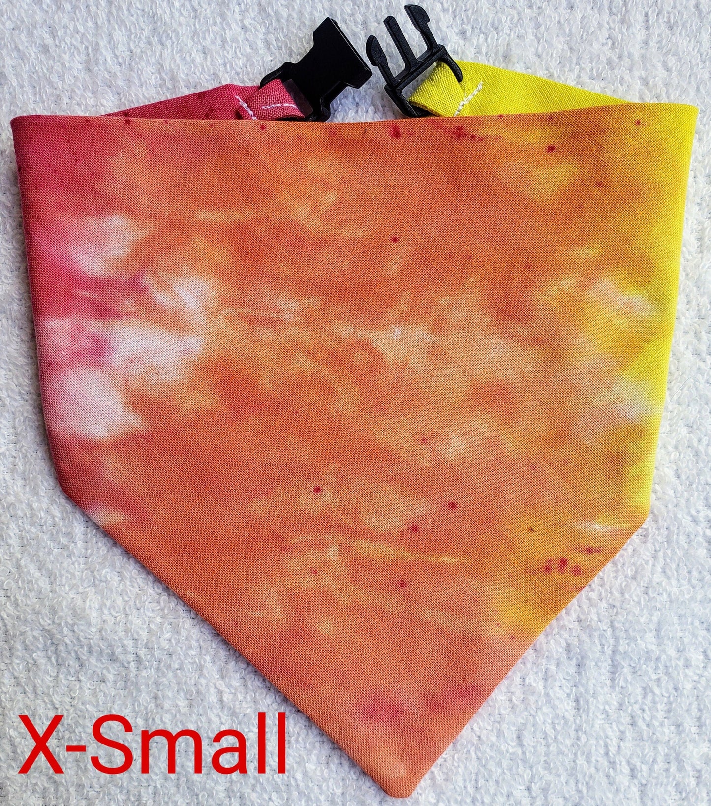 Clip on Dog Bandana With Buckle Pet Cat Bandanna Scarf Tie Dye Hand Dyed Red Orange Yellow Colorful Sunrise Print Handmade READY TO SHIP