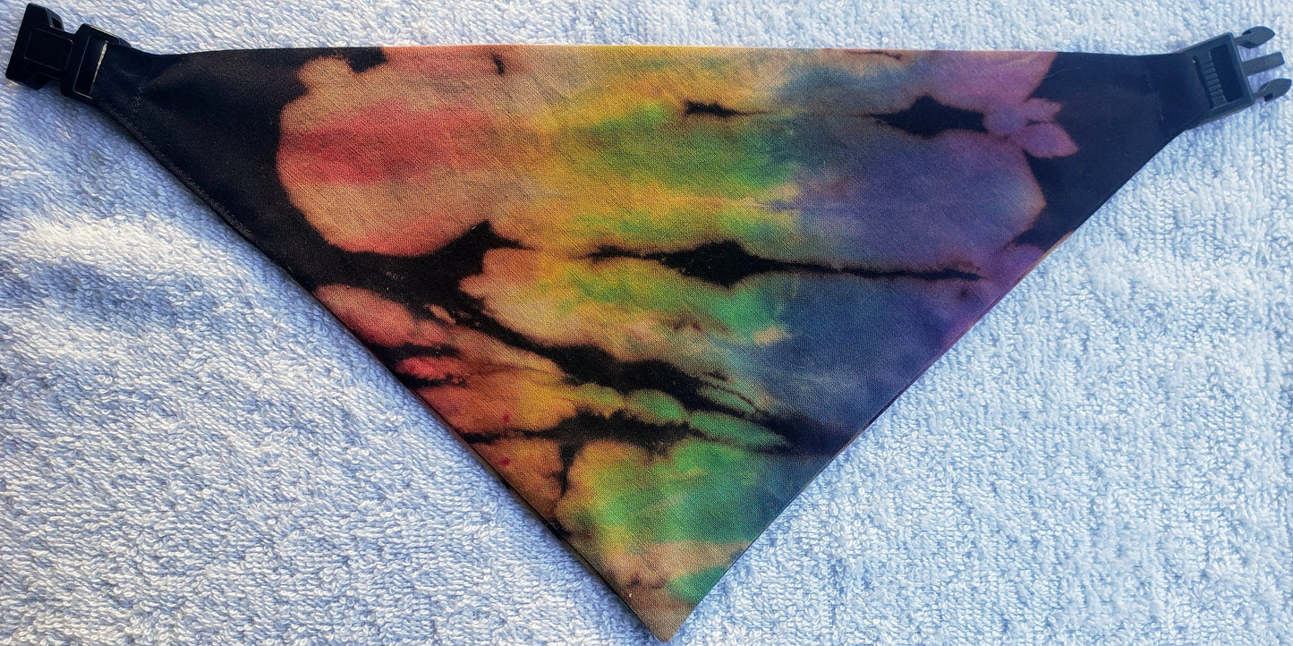 Clip on Dog Bandana With Buckle Pet Cat Bandanna Scarf Reverse Tie Dye Hand Dyed Rainbow Black Prism Colorful Summer Print Handmade READY TO SHIP