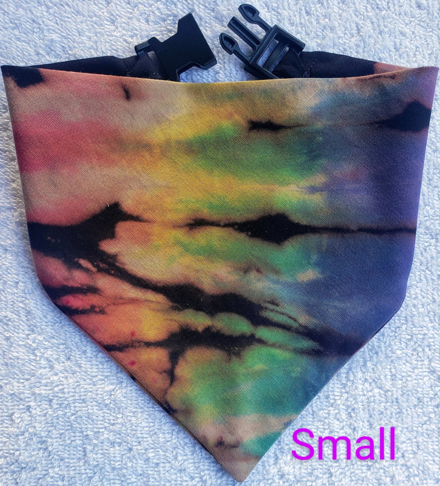 Clip on Dog Bandana With Buckle Pet Cat Bandanna Scarf Reverse Tie Dye Hand Dyed Rainbow Black Prism Colorful Summer Print Handmade READY TO SHIP