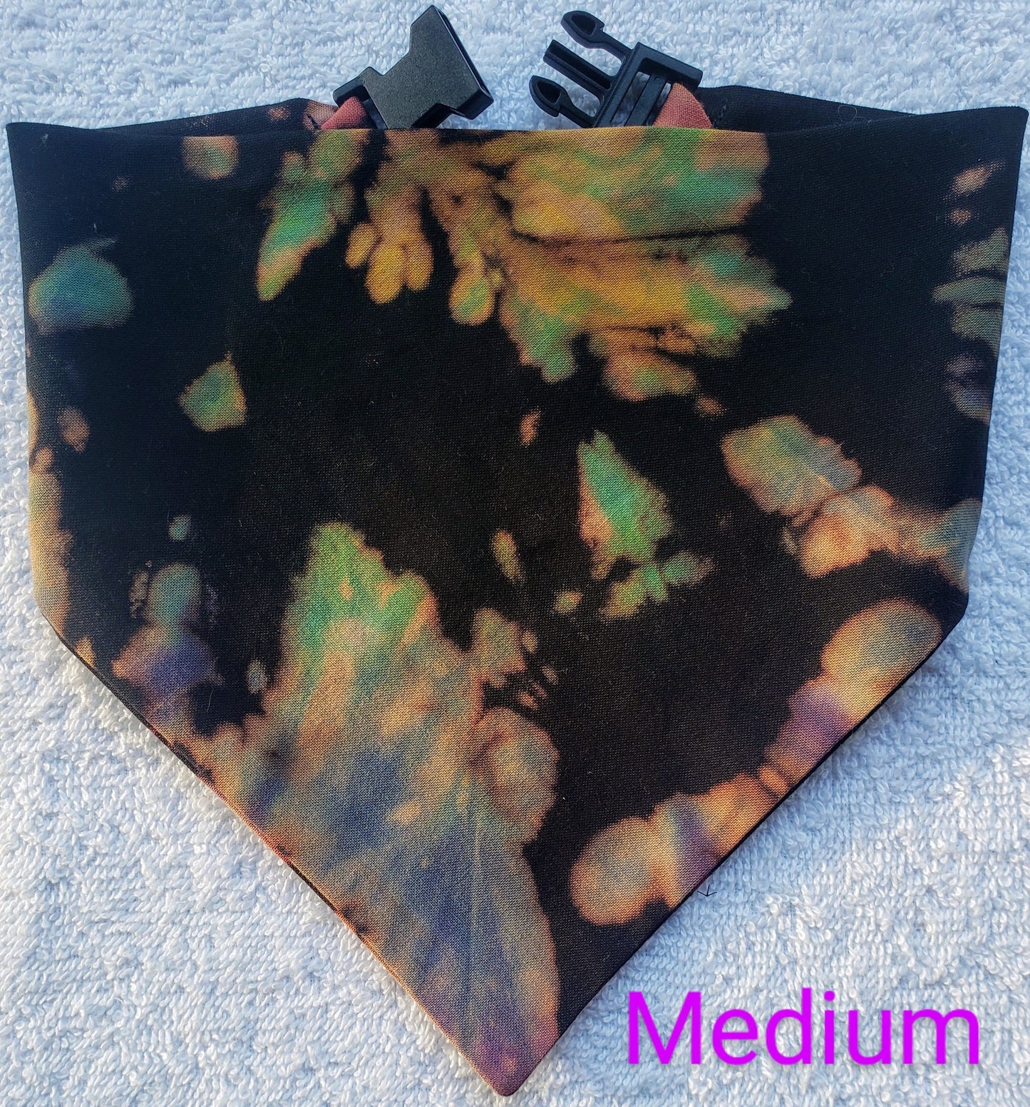 Clip on Dog Bandana With Buckle Pet Cat Bandanna Scarf Reverse Tie Dye Hand Dyed Rainbow Black Spiral Colorful Summer Print Handmade READY TO SHIP