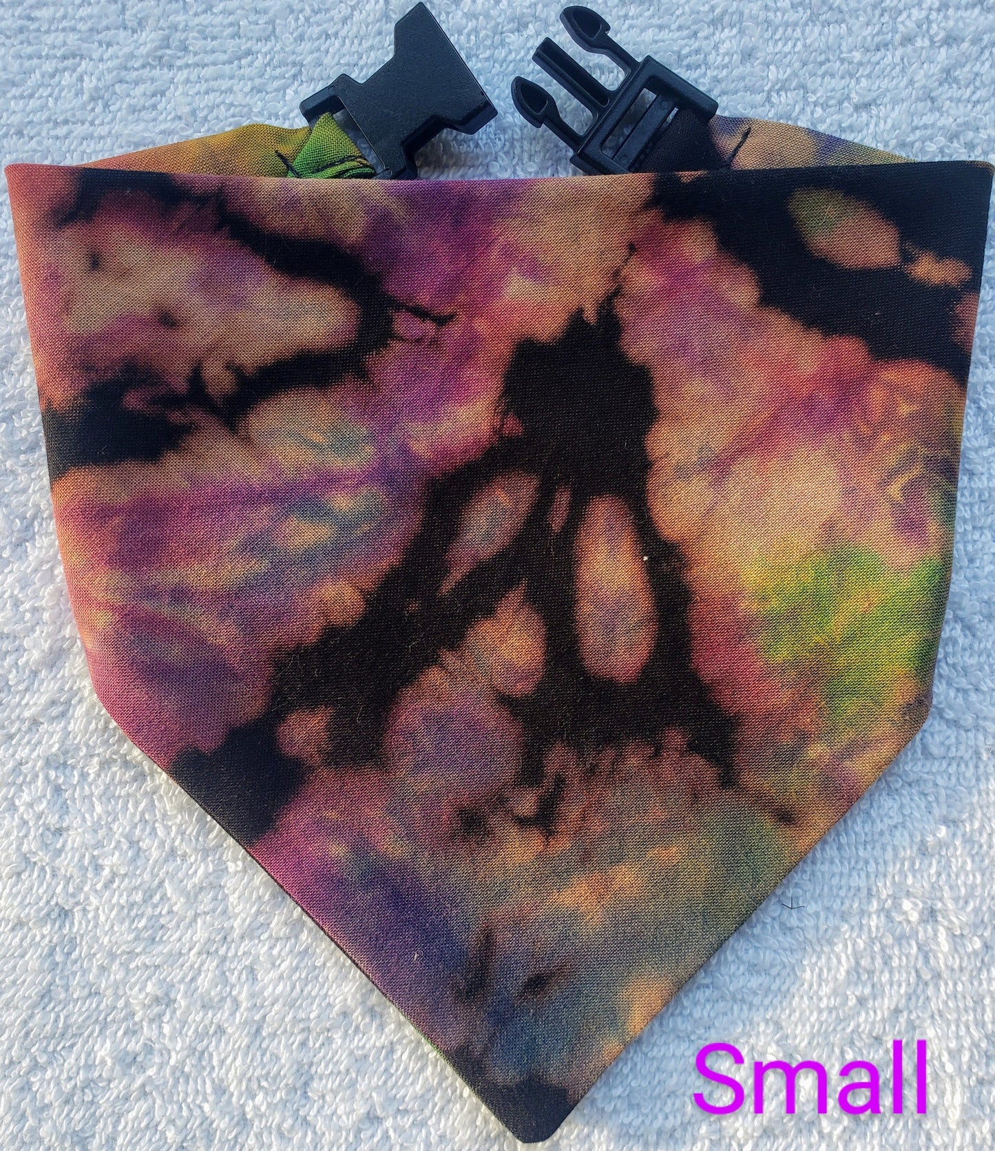 Clip on Dog Bandana With Buckle Pet Cat Bandanna Scarf Reverse Tie Dye Hand Dyed Rainbow Black Spiral Colorful Summer Print Handmade READY TO SHIP