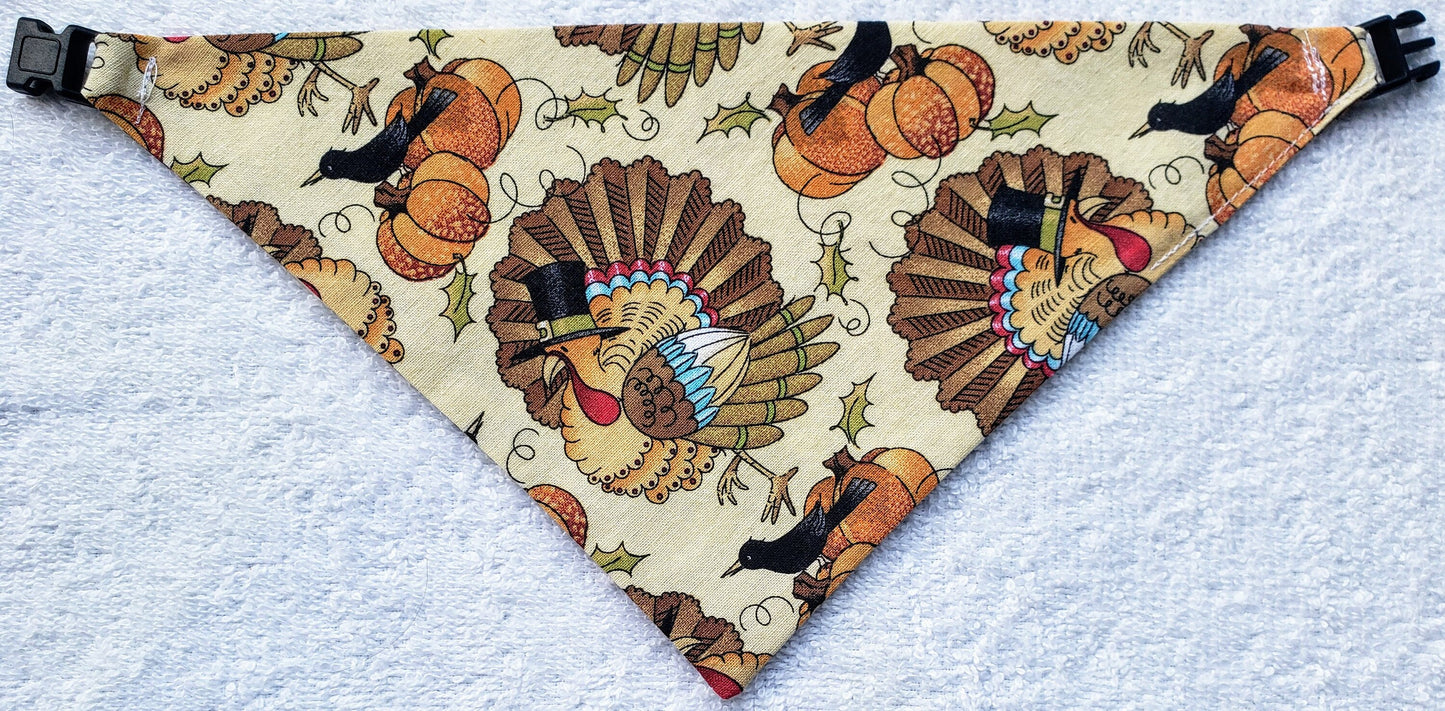 Turkeys Thanksgiving Fall Autumn Harvest Clip on Dog Bandana With Buckle Pet Cat Bandanna Handmade to Order
