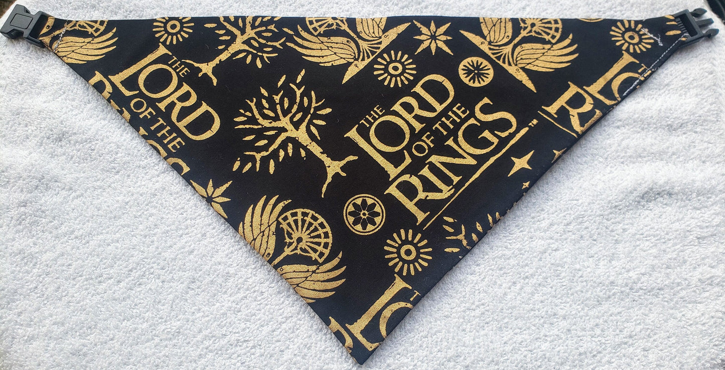 Clip on Dog Bandana With Buckle Pet Cat Bandanna Scarf Lord of the Rings Black & Gold Foil JRR Tolkien Print Handmade to Order