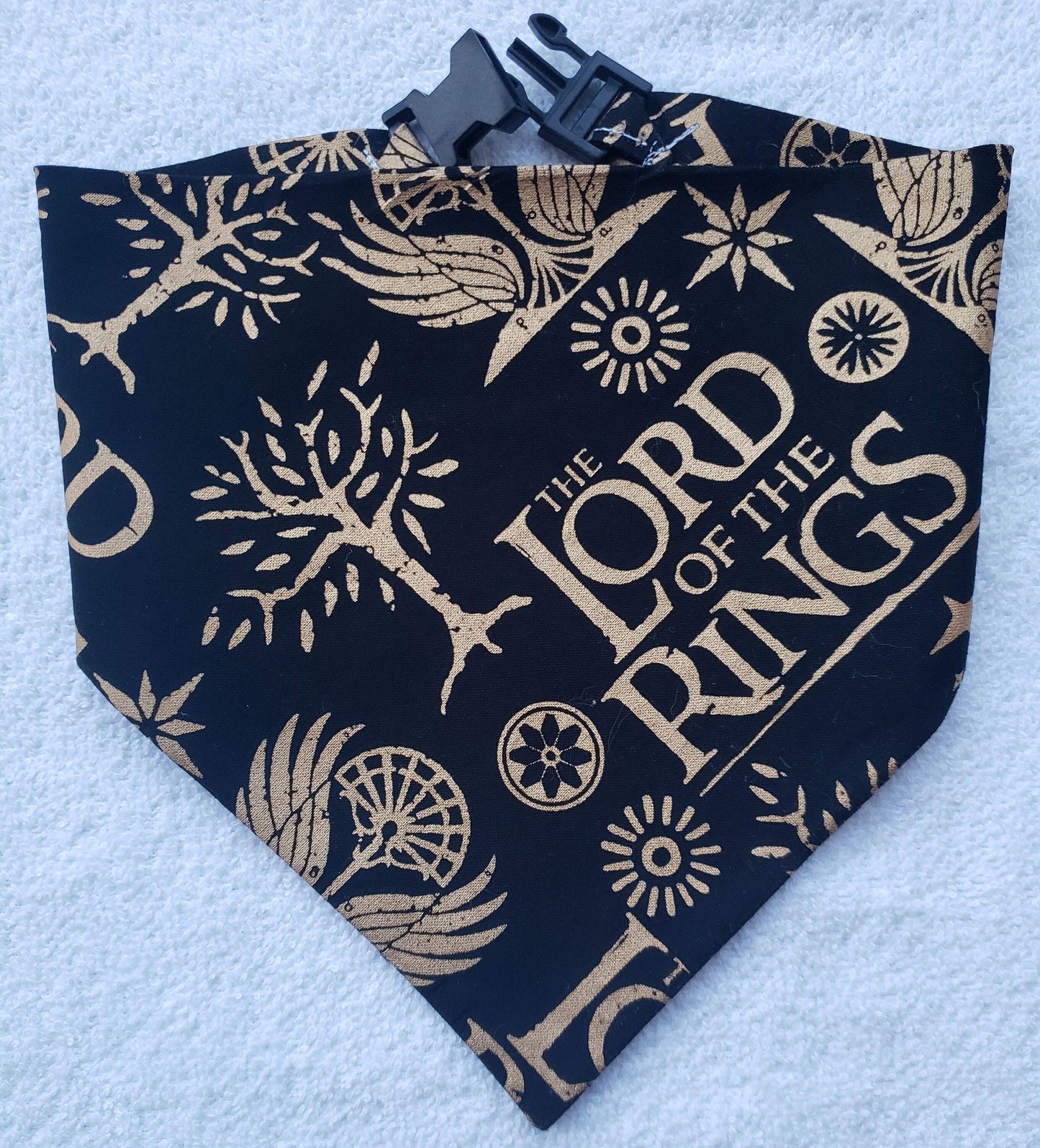 Clip on Dog Bandana With Buckle Pet Cat Bandanna Scarf Lord of the Rings Black & Gold Foil JRR Tolkien Print Handmade to Order