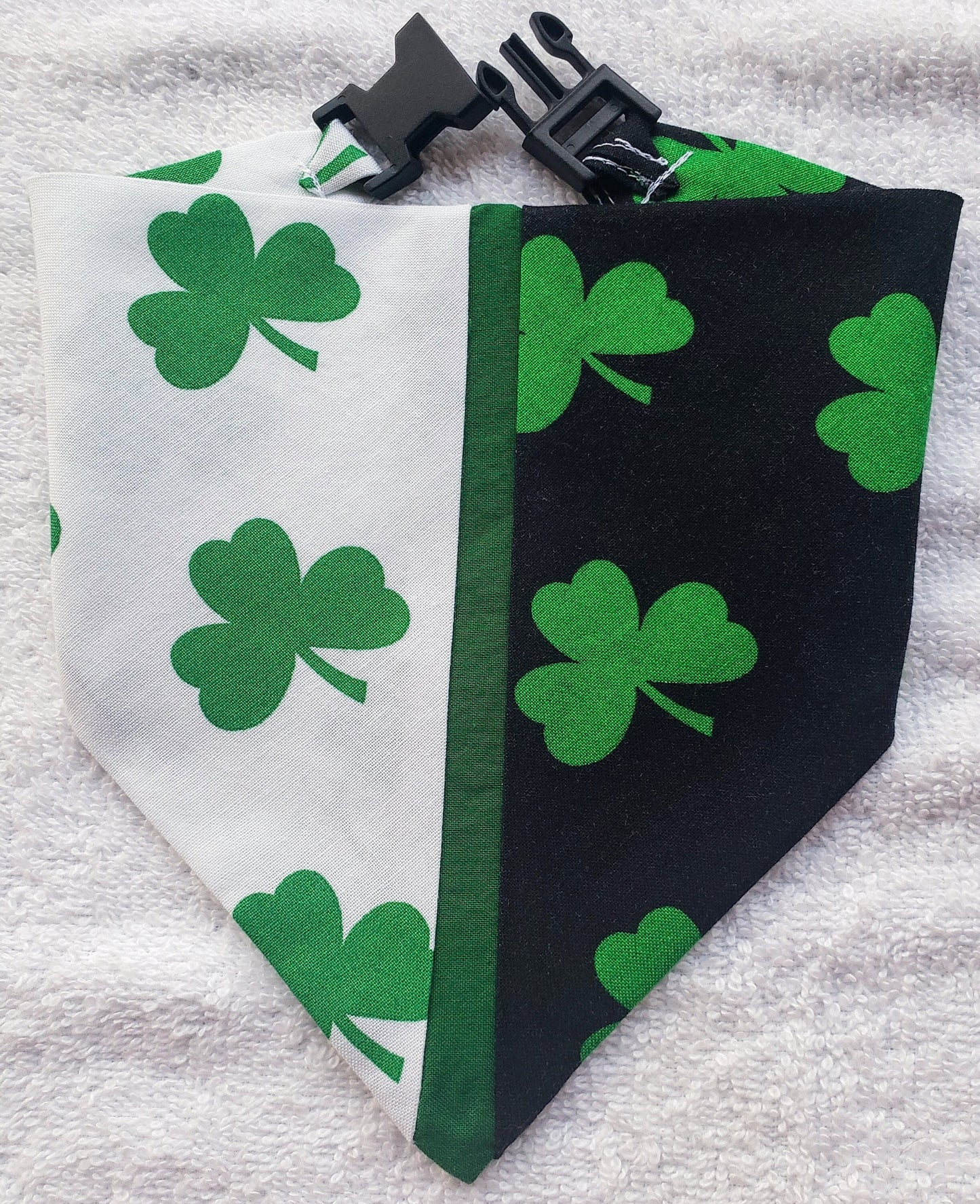Clip on Dog Bandana With Buckle Pet Cat Bandanna Scarf St Patrick's Day Green Shamrocks Black White Exclusive Handmade to Order