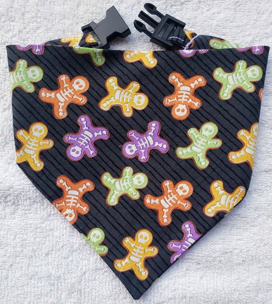 Skeleton Cookies Colorful Halloween Fall Autumn Harvest Clip on Dog Bandana With Buckle Pet Cat Bandanna Handmade to Order