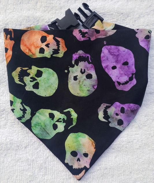 Colorful Skulls Halloween Fall Autumn Clip on Dog Bandana With Buckle Pet Cat Bandanna Handmade to Order