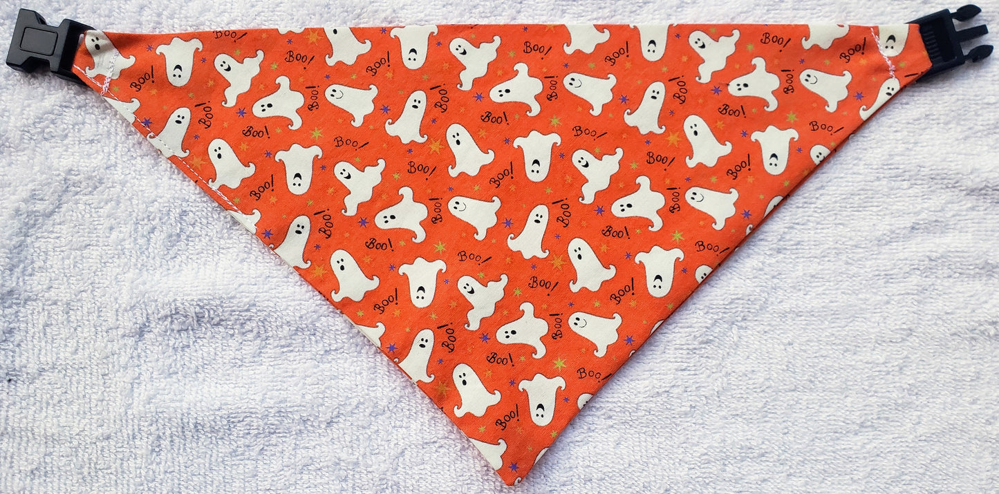 Glow in the Dark Ghosts on Orange Fall Autumn Halloween Clip on Dog Bandana With Buckle Pet Cat Bandanna Handmade to Order