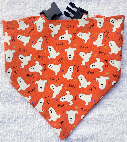 Glow in the Dark Ghosts on Orange Fall Autumn Halloween Clip on Dog Bandana With Buckle Pet Cat Bandanna Handmade to Order