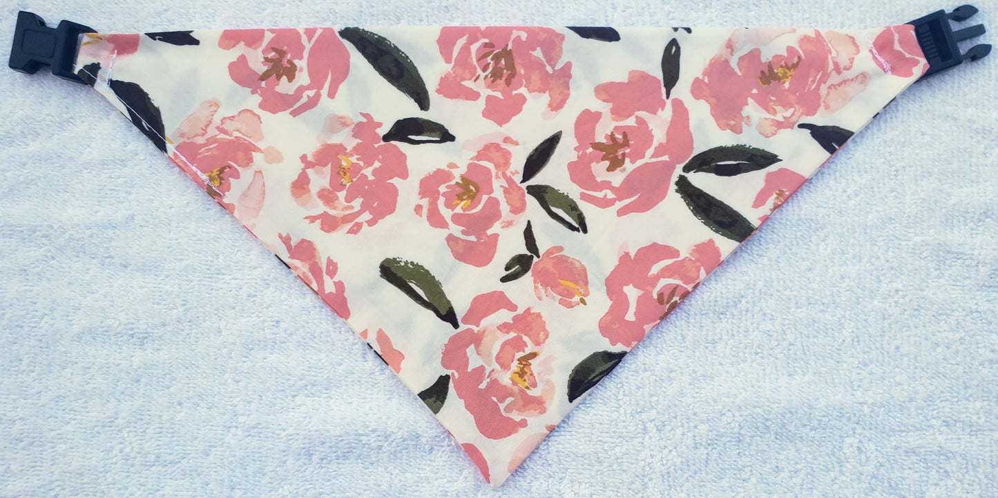 Clip on Dog Bandana With Buckle Pet Cat Bandanna Scarf Peach Roses Floral Flowers Print Handmade to Order