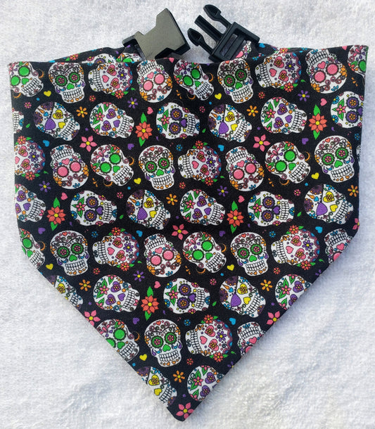 Sugar Skulls Dia de los Muertos Clip on Dog Bandana With Buckle Pet Cat Bandanna Handmade to Order