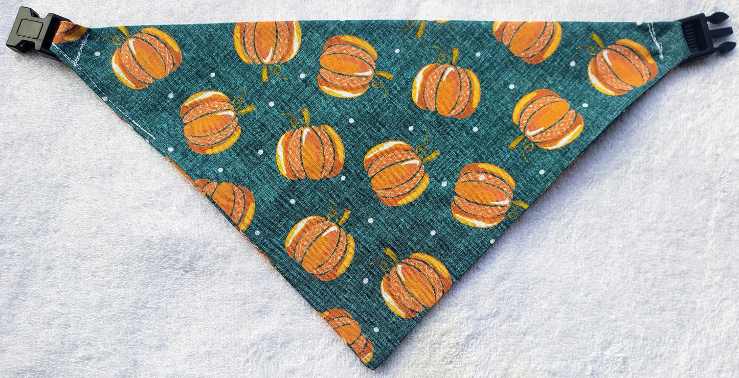 Pumpkins Teal & Orange Fall Autumn Harvest Clip on Dog Bandana With Buckle Pet Cat Bandanna Handmade to Order