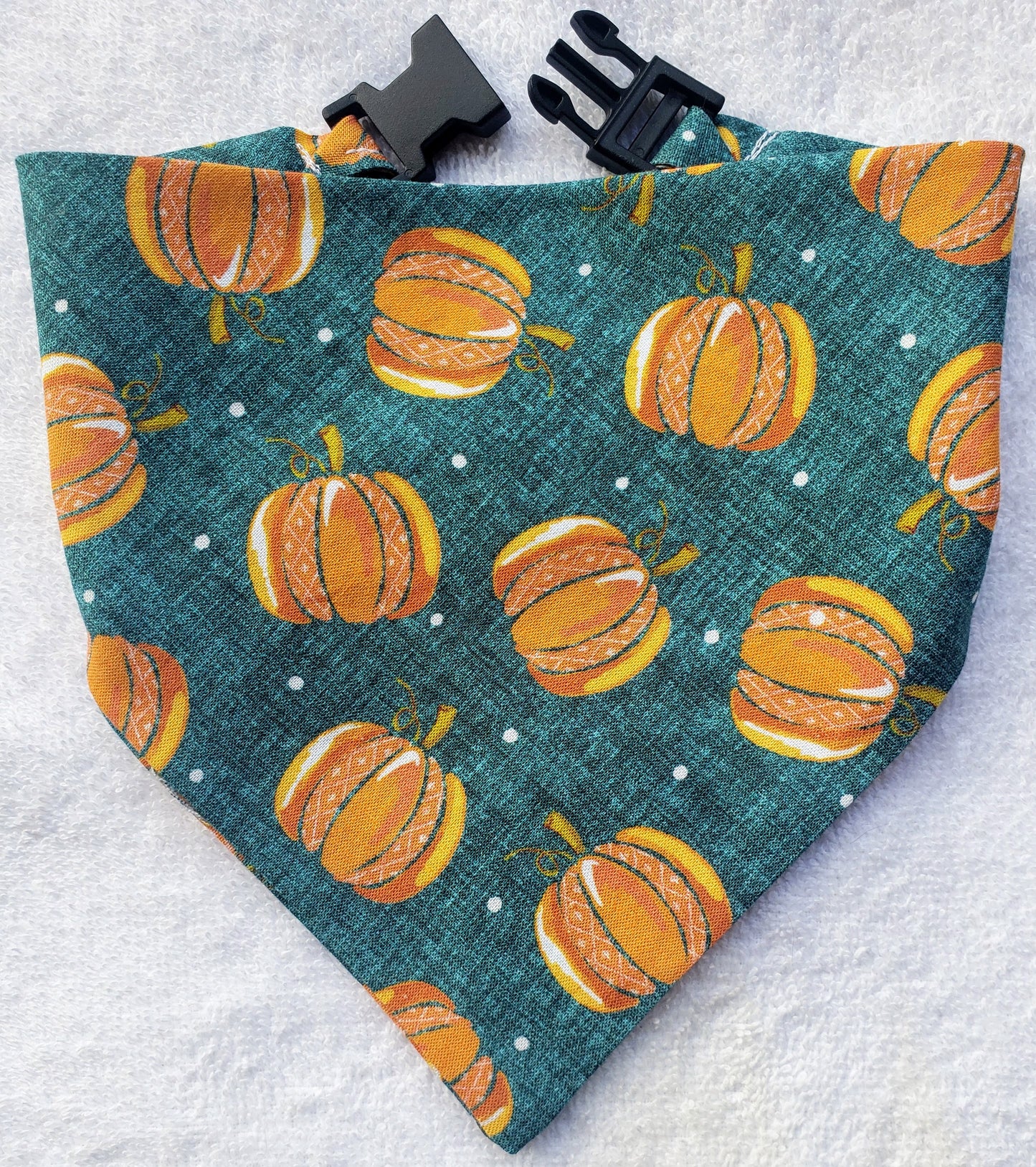 Pumpkins Teal & Orange Fall Autumn Harvest Clip on Dog Bandana With Buckle Pet Cat Bandanna Handmade to Order