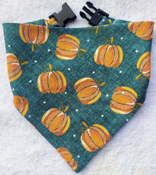 Pumpkins Teal & Orange Fall Autumn Harvest Clip on Dog Bandana With Buckle Pet Cat Bandanna Handmade to Order
