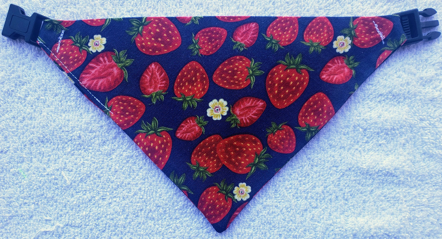 Clip on Dog Bandana With Buckle Pet Cat Bandanna Spring Strawberries on Blue Handmade to Order