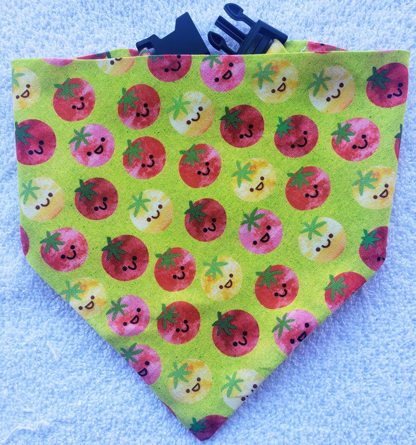 Clip on Dog Bandana With Buckle Pet Cat Bandanna Smiling Tomatoes Summer Fun Handmade to Order