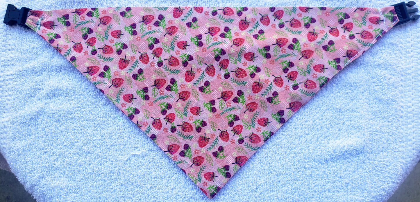 Clip on Dog Bandana With Buckle Pet Cat Bandanna Pink Strawberries Raspberries Spring Floral Handmade to Order