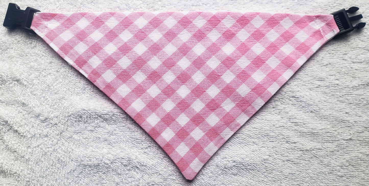 Clip on Dog Bandana With Buckle Pet Cat Bandanna Baby Pink Quarter Inch Gingham Plaid Handmade to Order