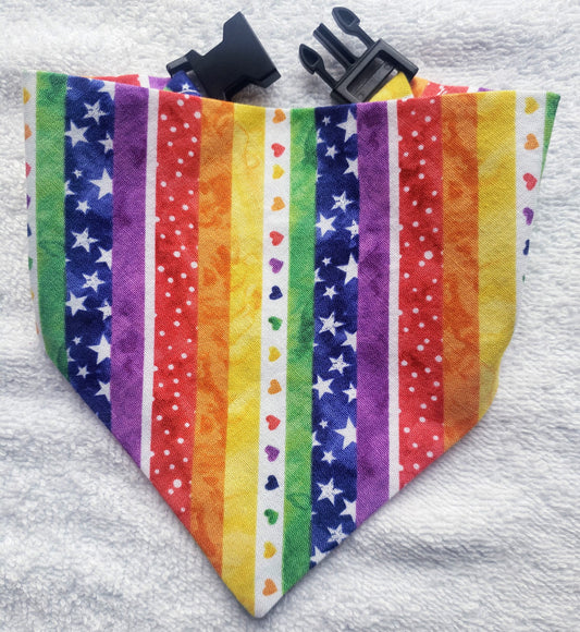 Clip on Dog Bandana With Buckle Pet Cat Bandanna Rainbow Stars & Hearts PRIDE Stripes Multicolor Handmade to Order