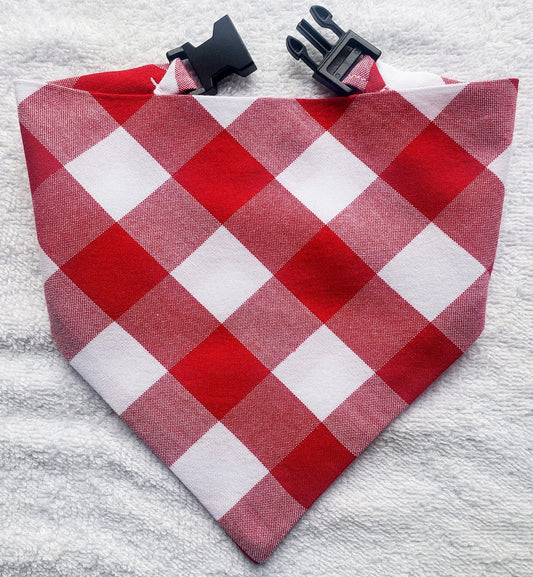 Clip on Dog Bandana With Buckle Pet Cat Bandanna Large One Inch Red Buffalo Plaid Check Handmade to Order