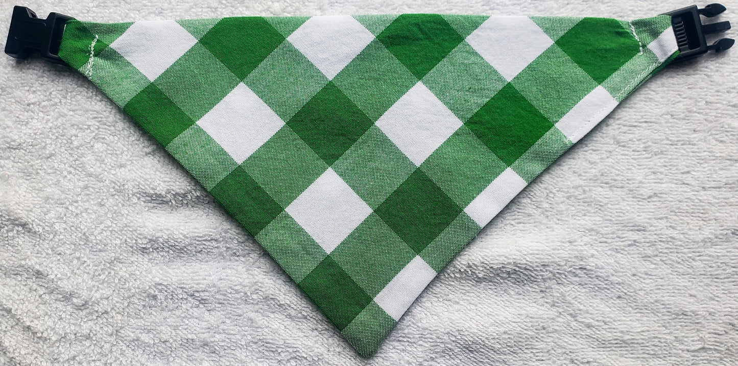 Clip on Dog Bandana With Buckle Pet Cat Bandanna Large Green Buffalo Plaid Check Handmade to Order