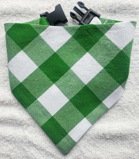 Clip on Dog Bandana With Buckle Pet Cat Bandanna Large Green Buffalo Plaid Check Handmade to Order