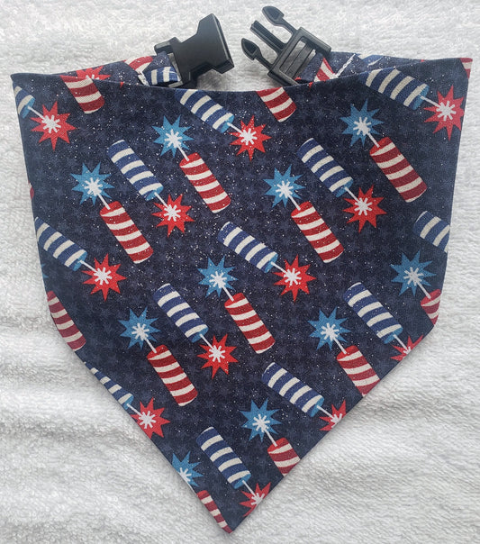 Firecrackers Fireworks Patriotic Independence Day 4th of July American USA Americana Clip on Dog Bandana With Buckle Pet Cat Bandanna Handmade to Order