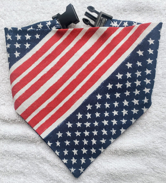 Stars & Stripes American Red White Blue Flag Patriotic USA Americana Clip on Dog Bandana With Buckle Pet Cat Bandanna Handmade to Order