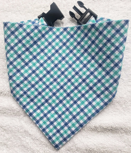 Clip on Dog Bandana With Buckle Pet Cat Bandanna Tiny Teal & Navy Blue Gingham Plaid Handmade to Order
