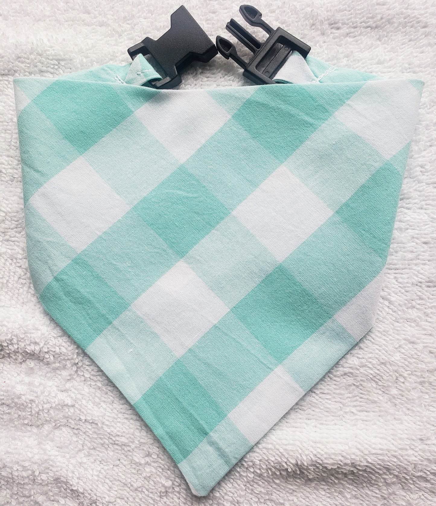Clip on Dog Bandana With Buckle Pet Cat Bandanna Robin's Egg Blue Teal Turquoise Large One Inch Buffalo Plaid Check Gingham Handmade to Order