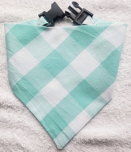 Clip on Dog Bandana With Buckle Pet Cat Bandanna Robin's Egg Blue Teal Turquoise Large One Inch Buffalo Plaid Check Gingham Handmade to Order