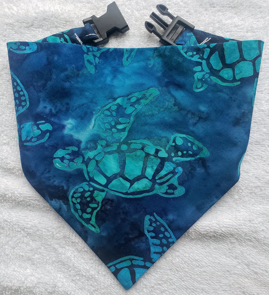 Clip on Dog Bandana With Buckle Pet Cat Bandanna Blue Sea Turtles Batik Ocean Beach Deep Sea Creatures Handmade to Order