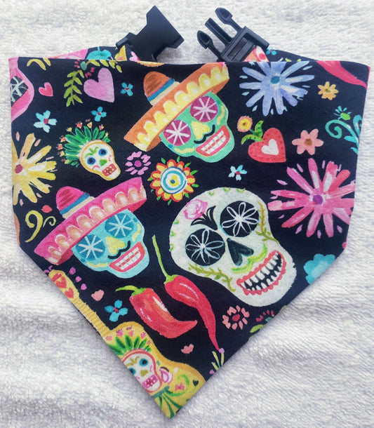 Sugar Skulls Dia de los Muertos Clip on Dog Bandana With Buckle Pet Cat Bandanna Handmade to Order
