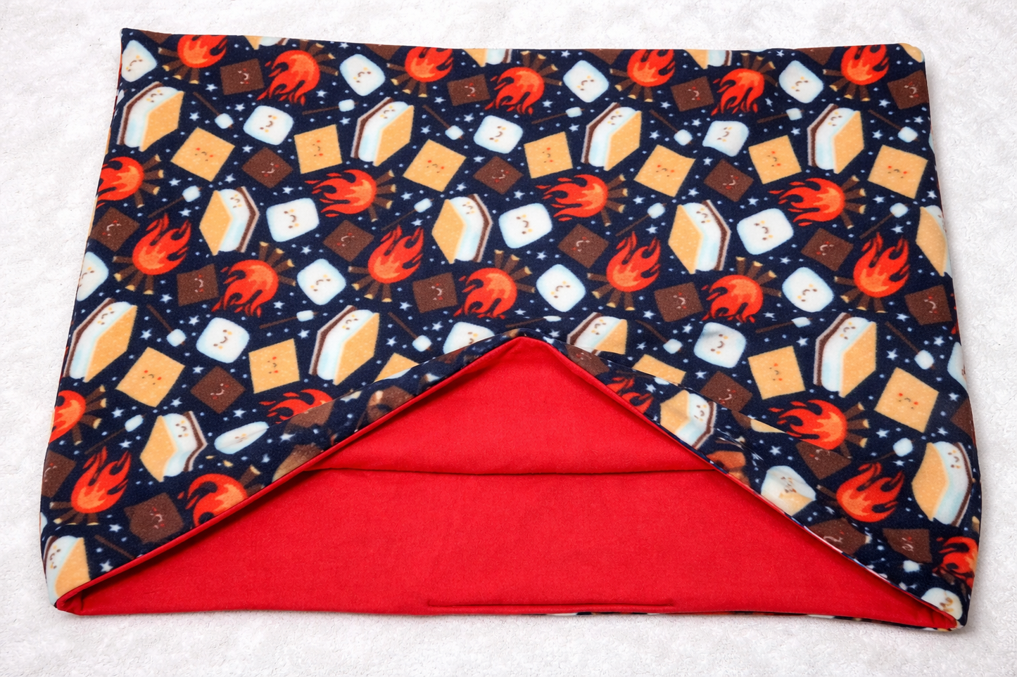 Navy Blue & Red Smores & Campfires 27x39 inch Snuggle Sack, Sleeping Bag for Pets, Dogs, Cats, Fleece, Reversible, Washable