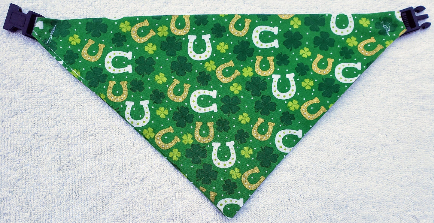 Horseshoes & Shamrocks St Patrick's Day Clip on Dog Bandana With Buckle Pet Cat Bandanna Handmade to Order