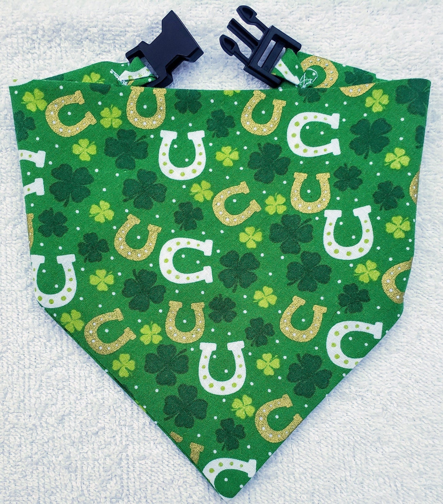 Horseshoes & Shamrocks St Patrick's Day Clip on Dog Bandana With Buckle Pet Cat Bandanna Handmade to Order