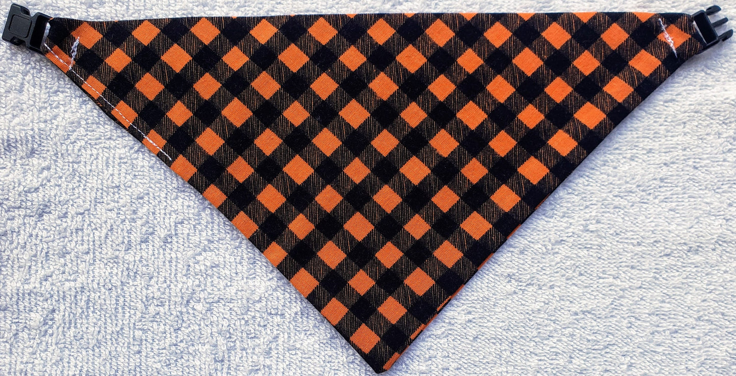 Clip on Dog Bandana With Buckle Pet Cat Bandanna Scarf Orange & Black Plaid Fall Autumn Halloween Thanksgiving Handmade to Order